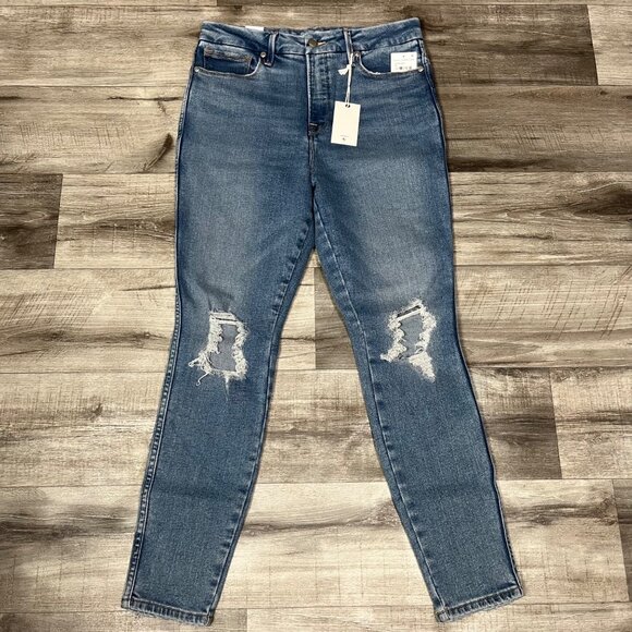 Good American Good Curve High Rise Distressed Skinny Jeans Blue NWT Size 28 - Picture 1 of 9